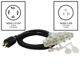 AC WORKS® [L1420F520-05BKL] 5FT L14-20P 4-Prong 20A Locking Plug to (4) 15/20A Household PDU With Power Indicator Lights