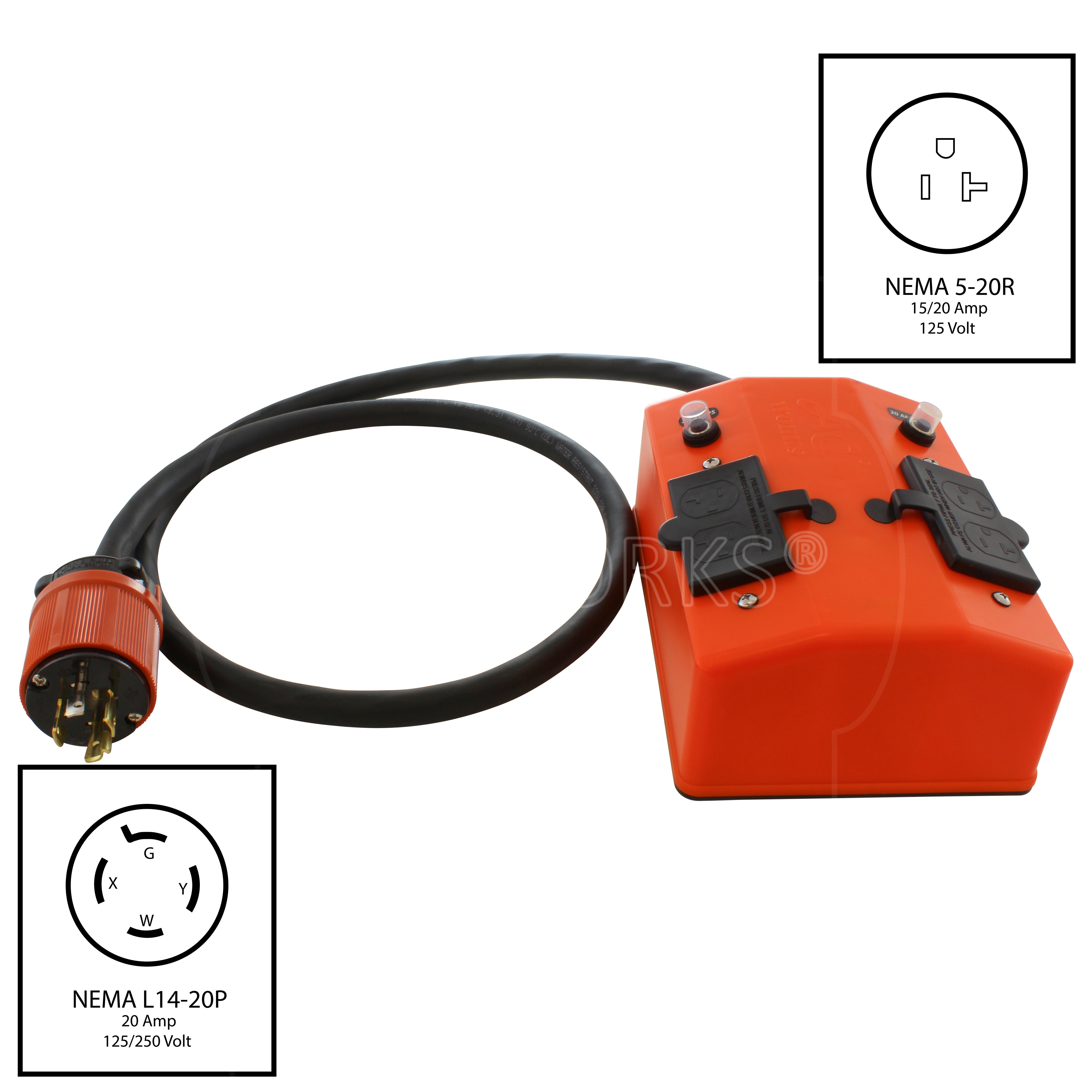 AC WORKS® [L1420PDU] NEMA L14-20 Generator Locking Plug to PDU OUTLET BOX (GFCI & Breakers)