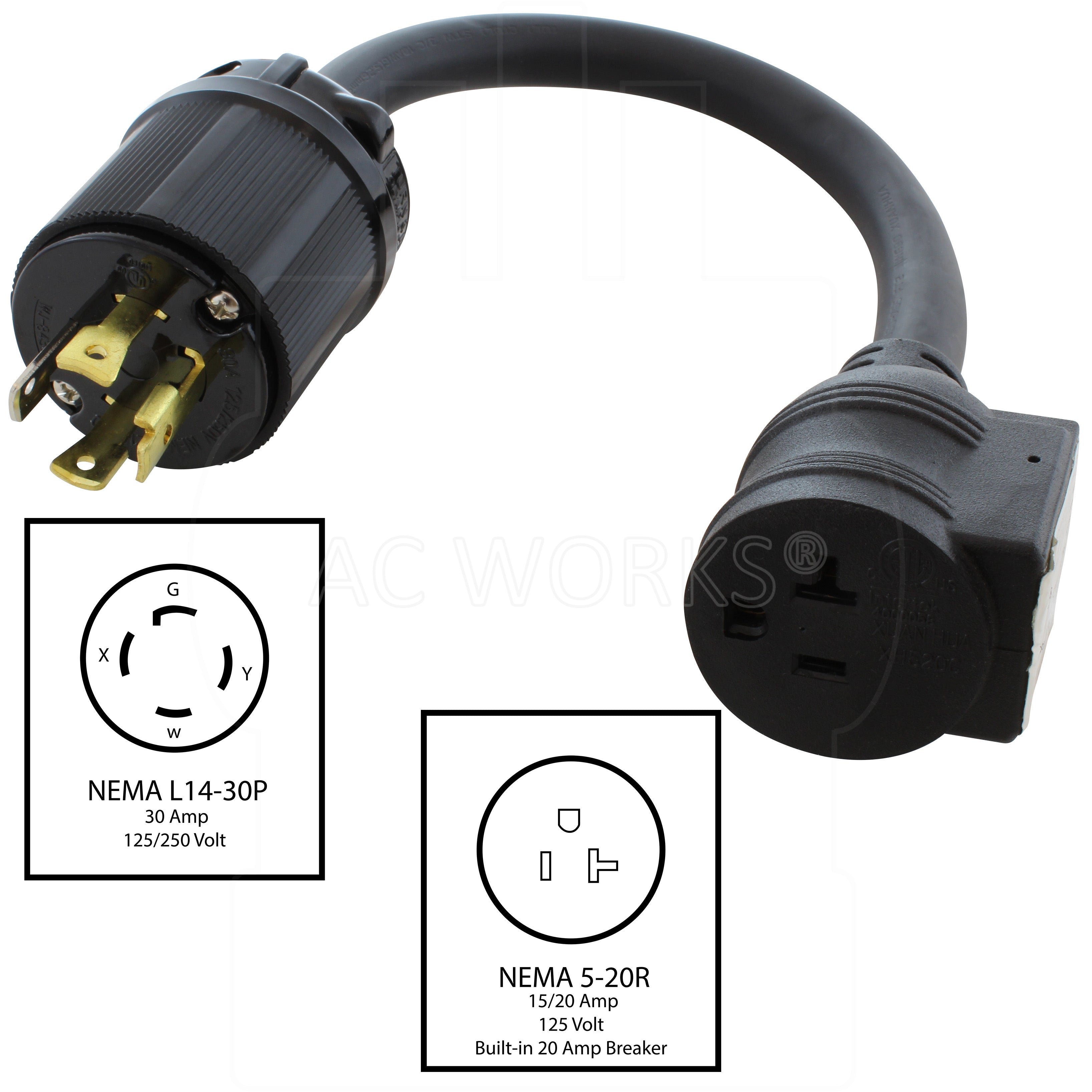 NEMA L14-30 to 5-20 Household Generator Adapter with 20A Breaker