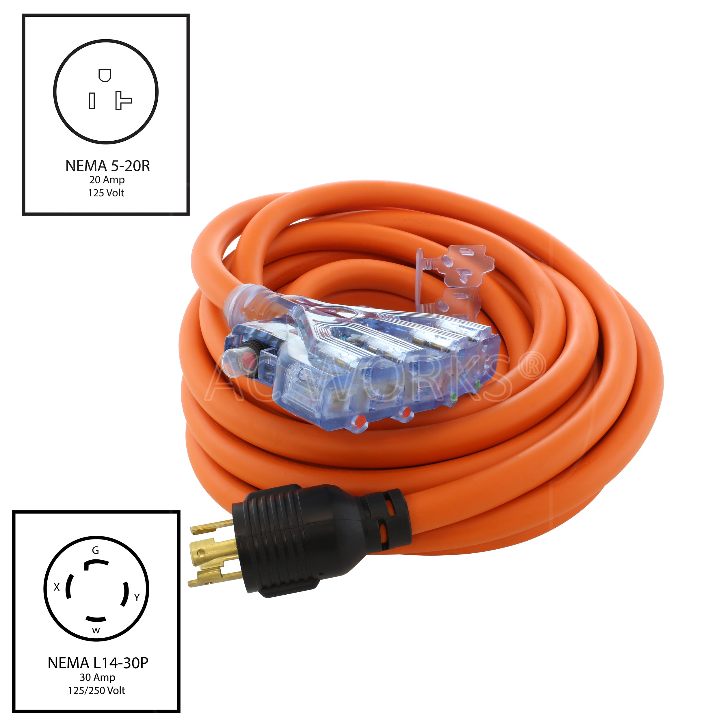 25FT L14-30P 30A 4-Prong Generator Plug to (4) Outlets with 24A