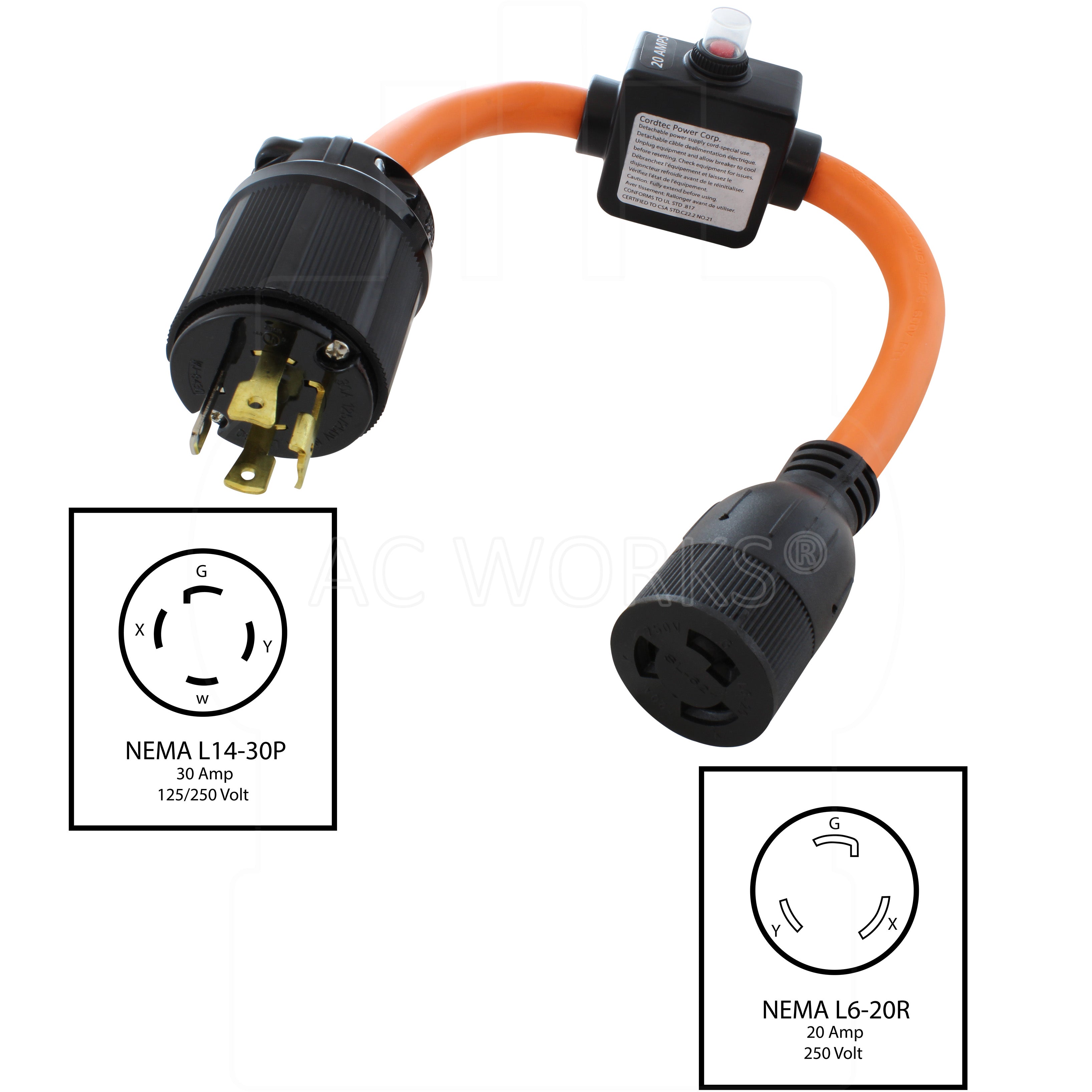 NEMA L14-30P, 30 Amp, 125/250 Volt Generator Locking Male Plug to NEMA L6-20R, 20 Amp, 250 Volt Female Connector
