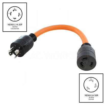 NEMA L14-30P to NEMA L6-30R, L1430 male plug to L630 female connector, 4-prong 30 amp generator plug to 3-prong industrial connector