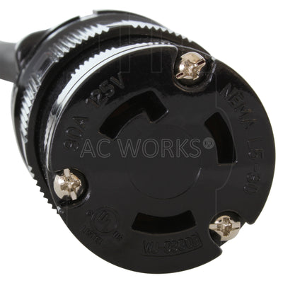 The NEMA L5-30R, 3-prong locking female connector close up