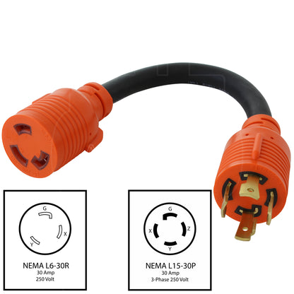 NEMA L15-30P to NEMA L6-30R flexible adapter