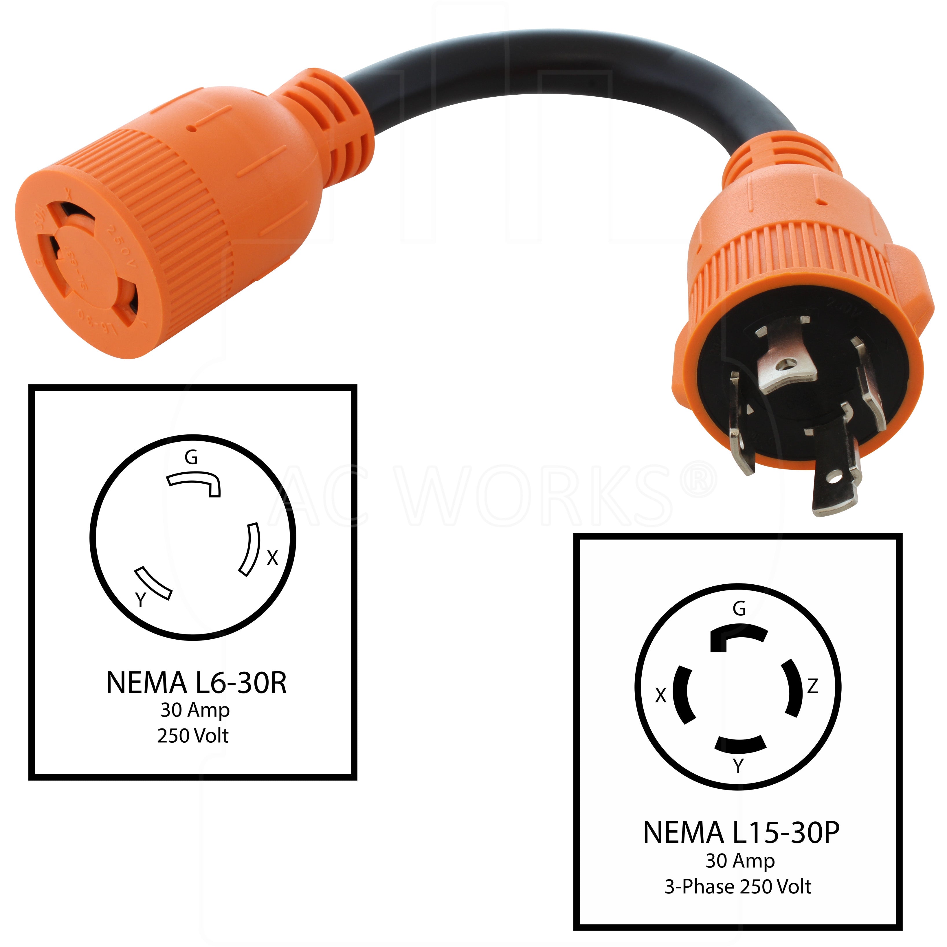 3-Phase 30A 250V L15-30P 4-Prong Plug to L6-30R 30 Amp 250Volt