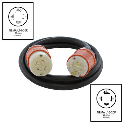 NEMA L16-20P to NEMA L16-20R 4-prong cord