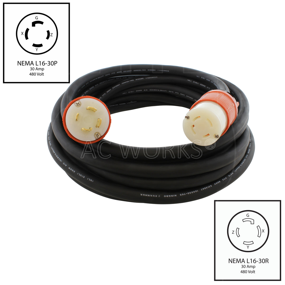 [L1630PR] NEMA L16-30 30A 3-Phase 480V Industrial Rubber Extension Cord ...