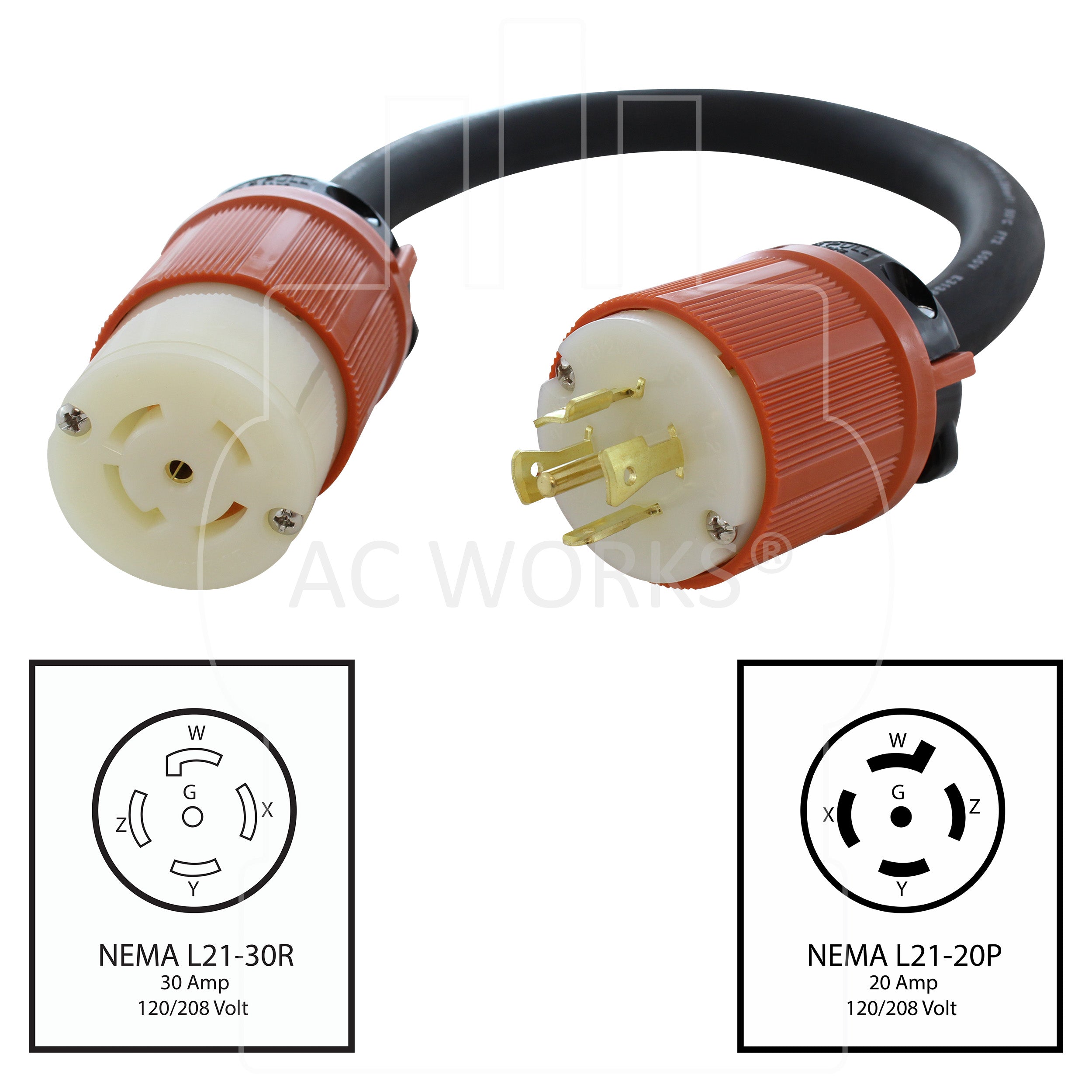 NEMA L21-20P, 20 amp 120/208 volt 5-prong locking plug to NEMA L2130R, 30 amp 120/208 volt locking receptacle.