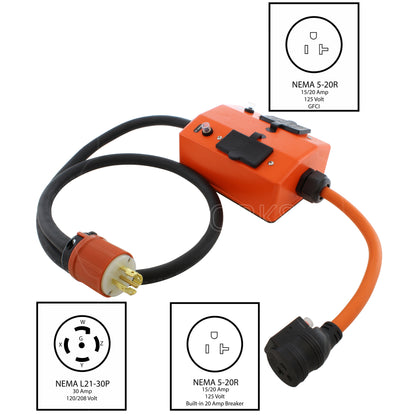 NEMA L21-30P, 30 Amp, 120/208 Volt, locking plug to (4) GFCI NEMA 5-15/20R, 20 Amp, T-blade household female connectors PDU box with an additional NEMA 5-20R female connector with 20A breaker on a 1ft cord