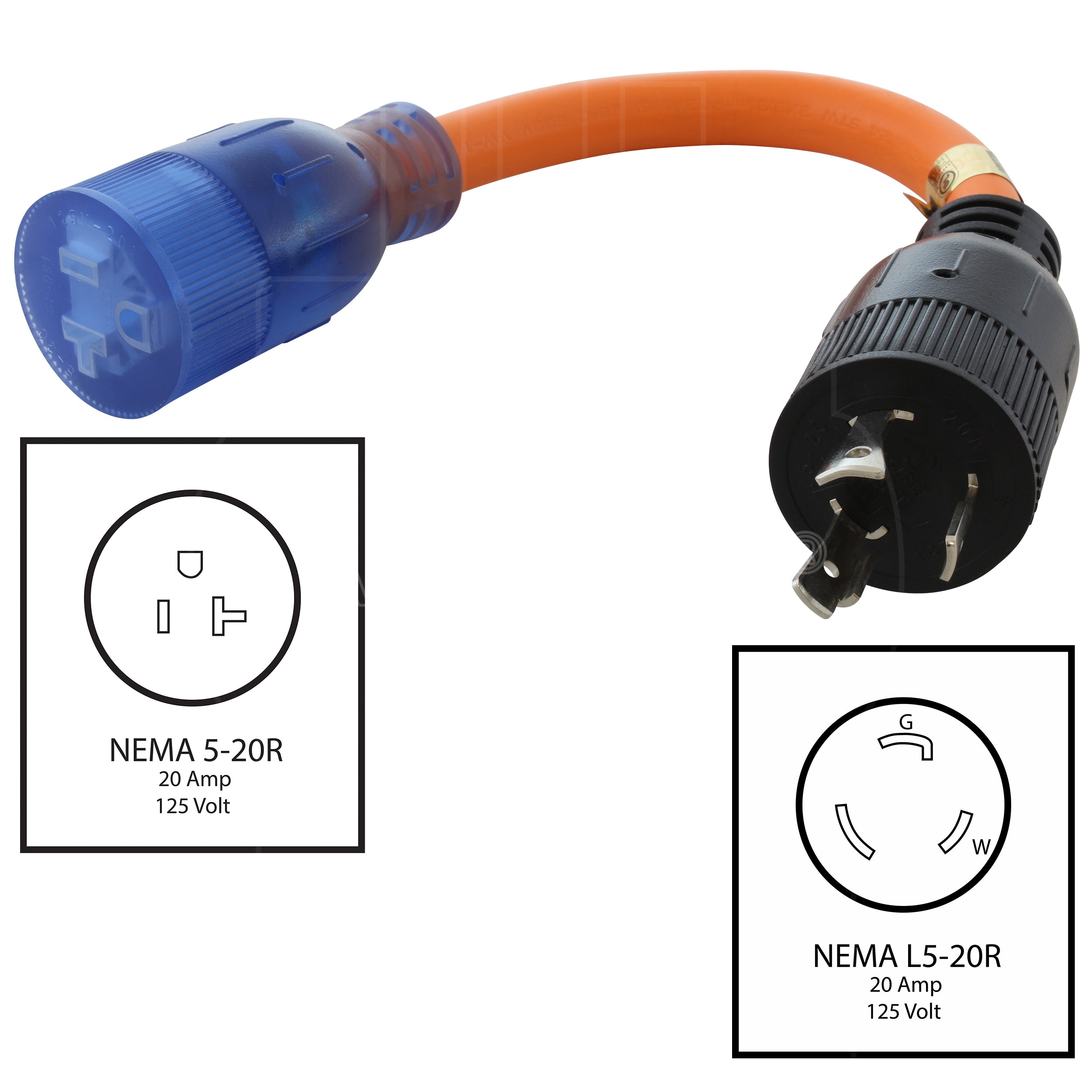 NEMA L5-20P to 5-20R Connector Locking Cord Adapter | AC WORKS