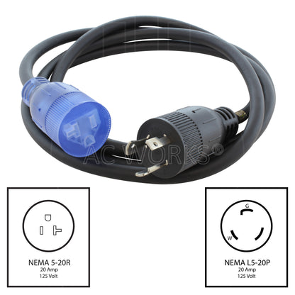 NEMA L5-20P to NEMA 5-20R, L520 male plug to 520 female connector, 3-prong 20 amp locking male plug to 20 amp household connector