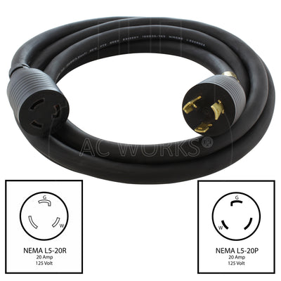 AC WORKS® [L520PR-010BK] 10ft SOOW 12/3 NEMA L5-20 20A 125V Rubber Extension Cord
