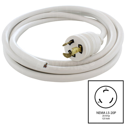 AC WORKS® [L520PBC-144WT] 12FT 20A 3-Prong L5-20P Plug to Blunt Cut 3-Wire Connection