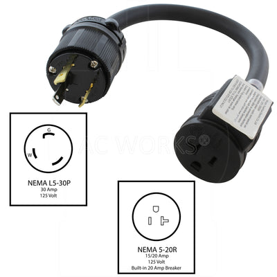 NEMA L5-30P to NEMA 5-20R with circuit breaker, L530 male plug to 520 female connector with circuit breaker, 3-prong 30 amp locking male plug to 20 amp household female connector