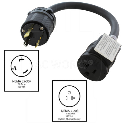 NEMA L5-30P to NEMA 5-20R with circuit breaker, L530 male plug to 520 female connector with circuit breaker, 3-prong 30 amp locking male plug to 20 amp household female connector