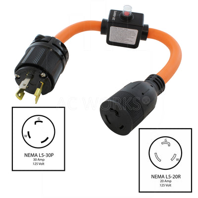NEMA L5-30P, 30 Amp, 125 Volt Locking Male Plug to NEMA L5-20R, 20 Amp, 125 Volt Female Connector
