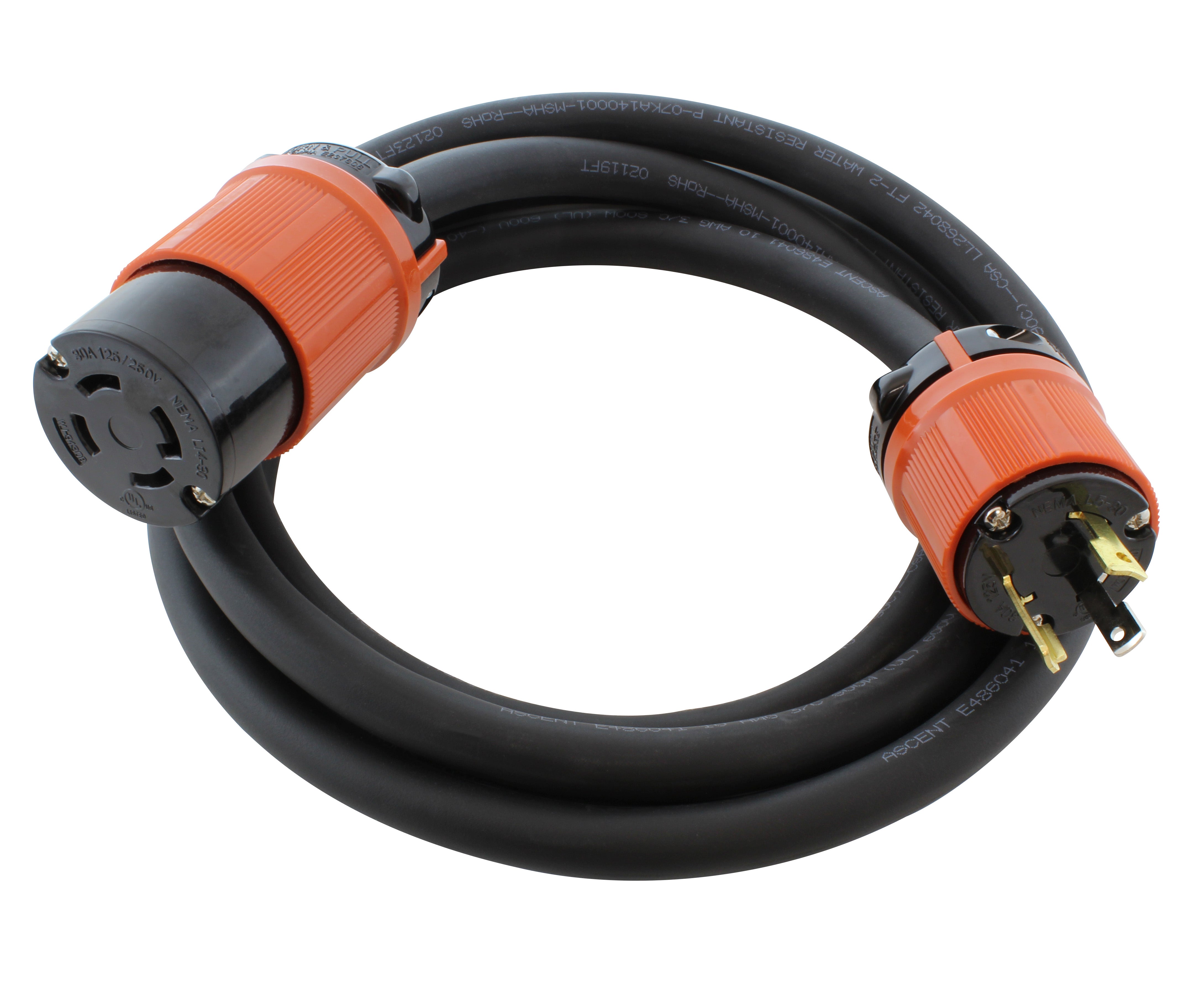 NEMA L5-30P, 3-Prong Locking Male Plug to NEMA L14-30R, 4-Prong Locking Female Receptacle