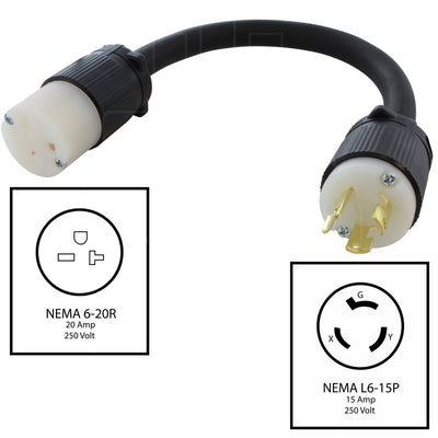 NEMA L6-15P, 15 Amp, 250 Volts, 3-Prong locking Male Plug to a NEMA 6-20R, 15/20 Amp, 250 Volt, T-blade Female Connector