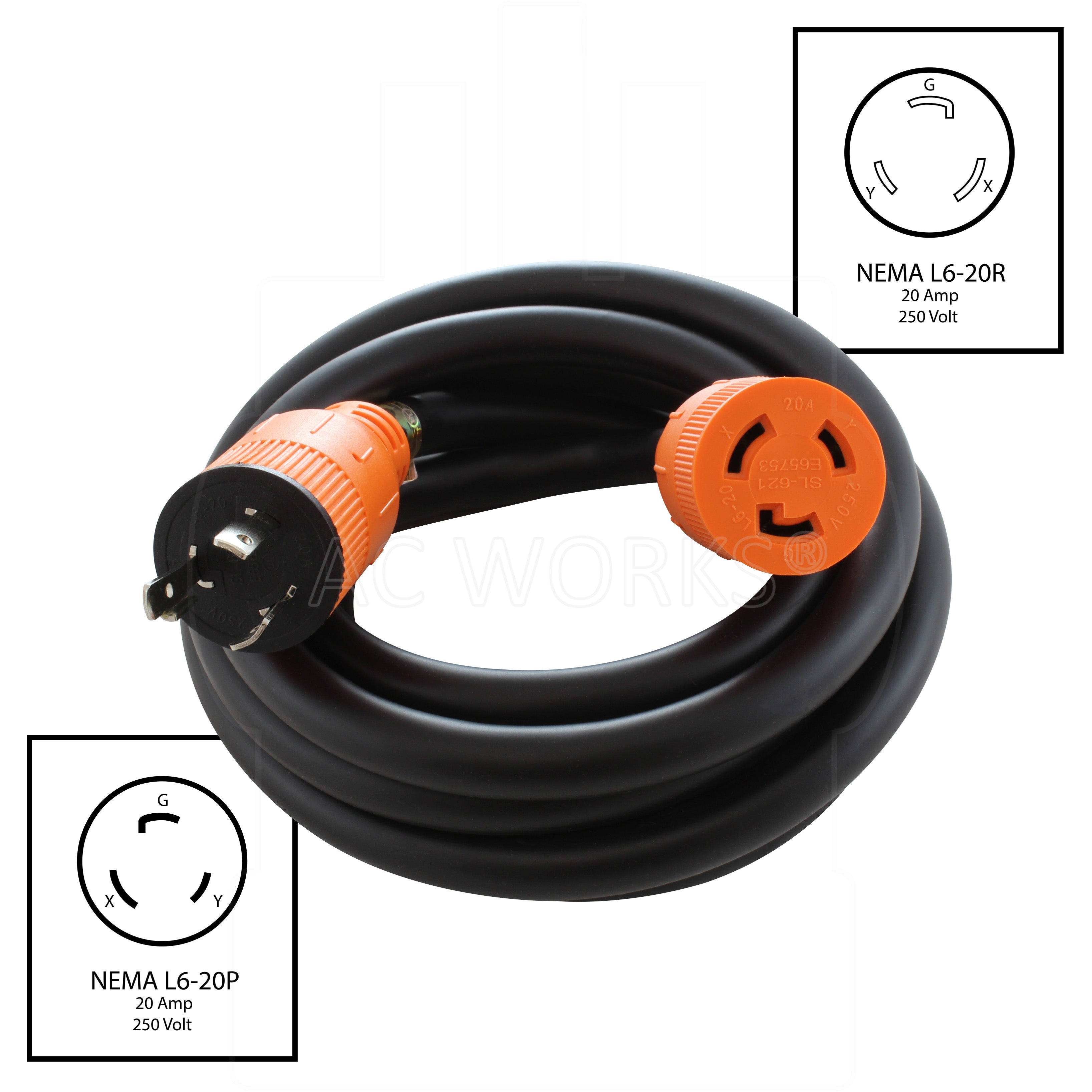 NEMA L6-20, 20 Amp, 250 Volt, locking plug and connector extension cord