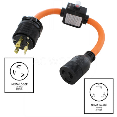NEMA L6-30P, 30 Amp, 250 Volt Locking Male Plug to NEMA L6-20R, 20 Amp, 250 Volt Female Connector