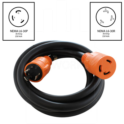 NEMA L6-30, 30 Amp, 250 Volt locking plug and connector extension cord