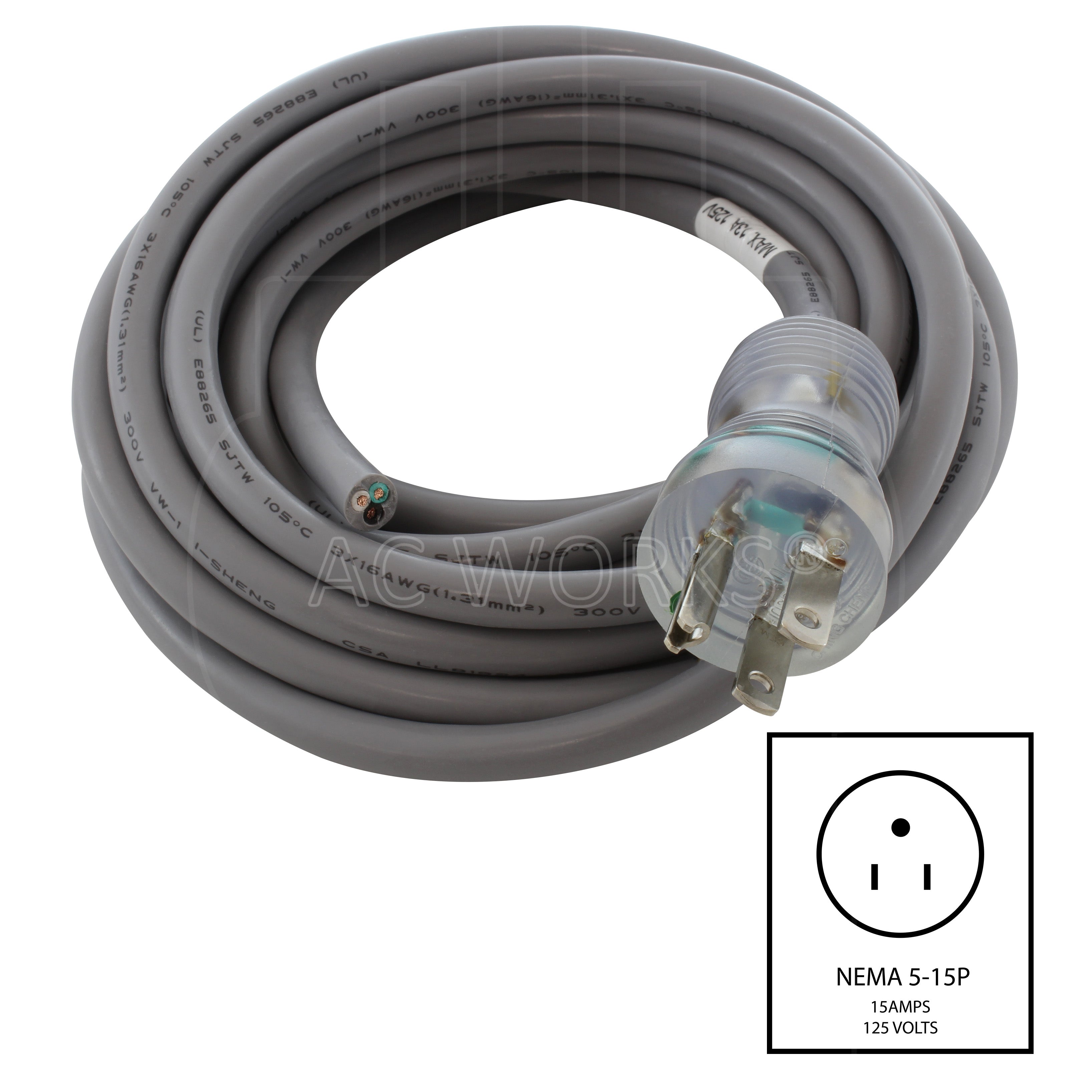 AC WORKS® [MD13APBC-178] 178in 13A 16/3 Medical Grade Power Cord With Blunt Cut End