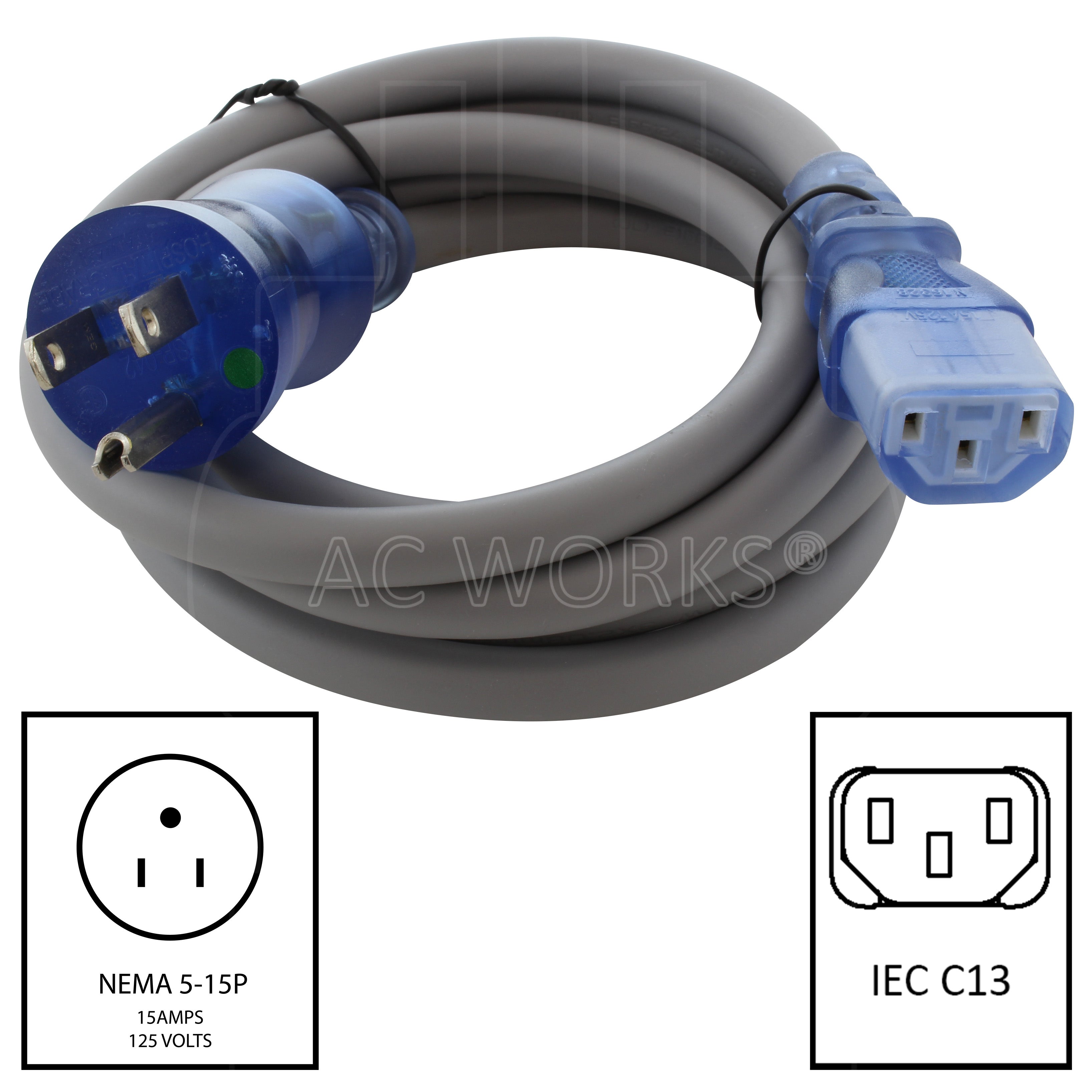 AC WORKS® 15A 14/3 Medical Grade Cord to IEC C13 Power Supply Cord