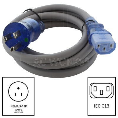 NEMA 5-15P to IEC C13, 515 male plug to C13 connector, green dot household plug to C13 connector