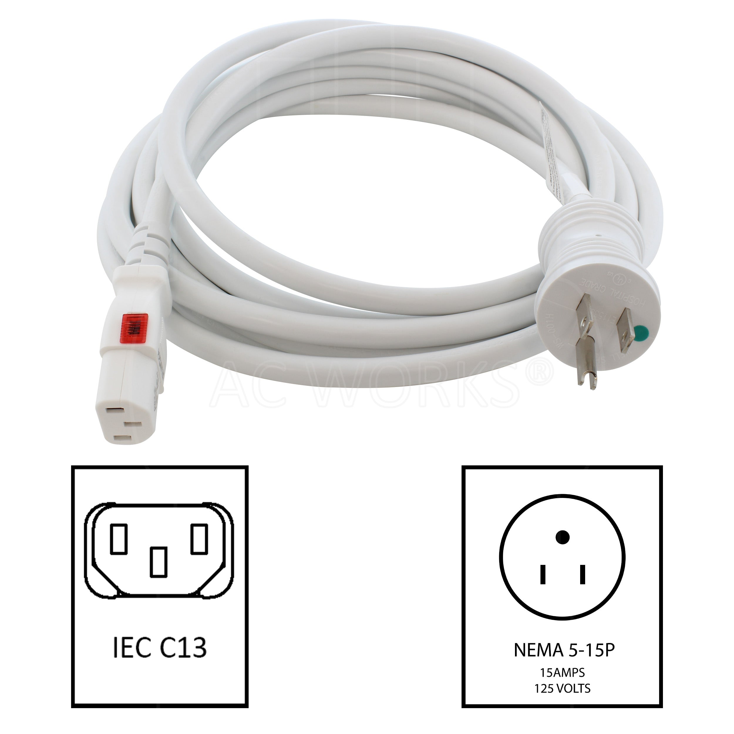 NEMA 5-15P to Locking IEC C13 connector for hospital use