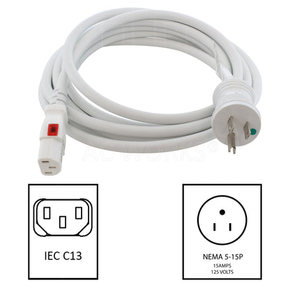 NEMA 5-15P to Locking IEC C13 connector for hospital use