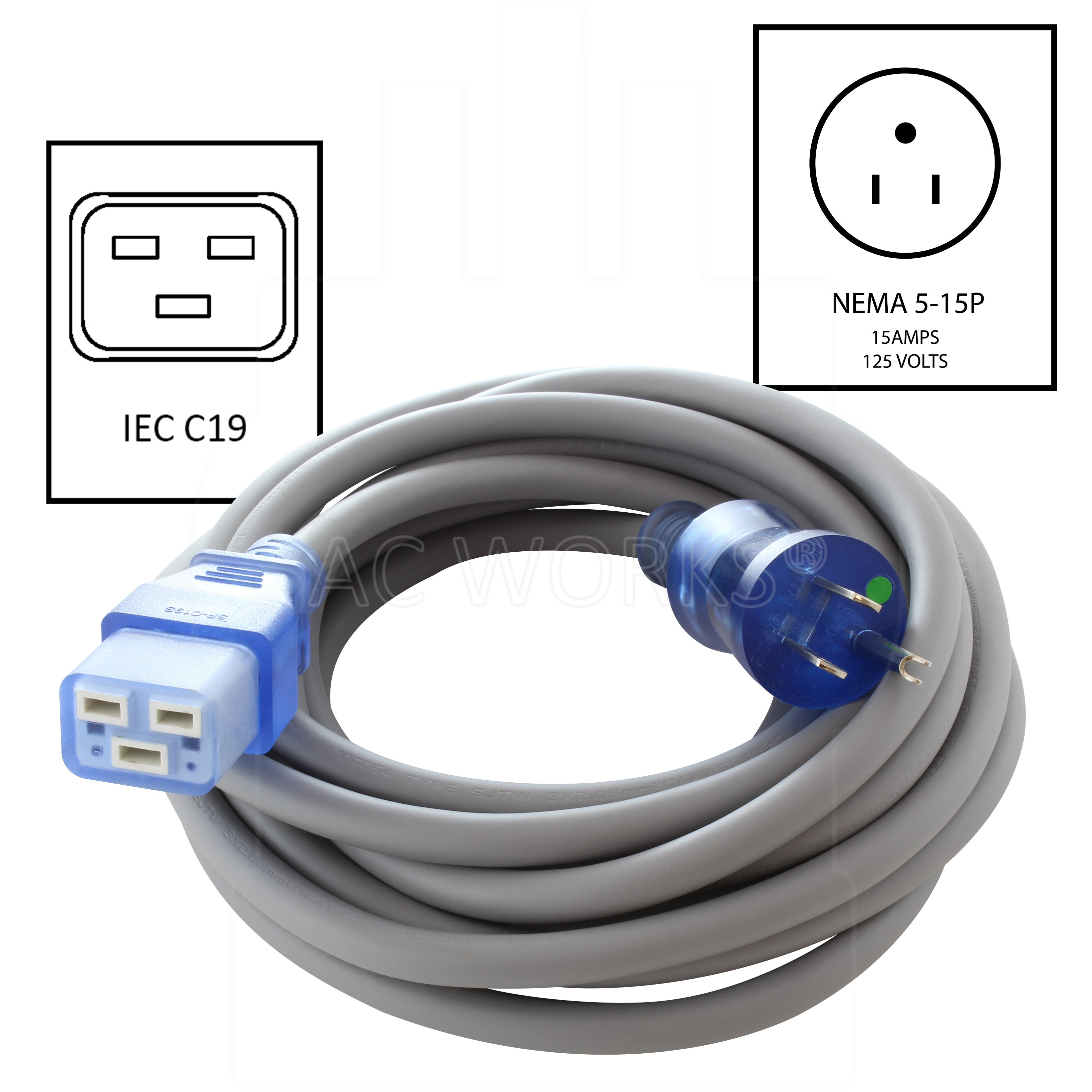 NEMA 5-15P to IEC C19, 515 male plug to C19 female connector