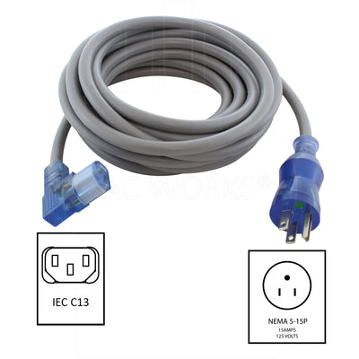 AC WORKS® [MD15ALC13] 14/3 15A Medical Grade Power Cord With Left Angle IEC C13 Connector