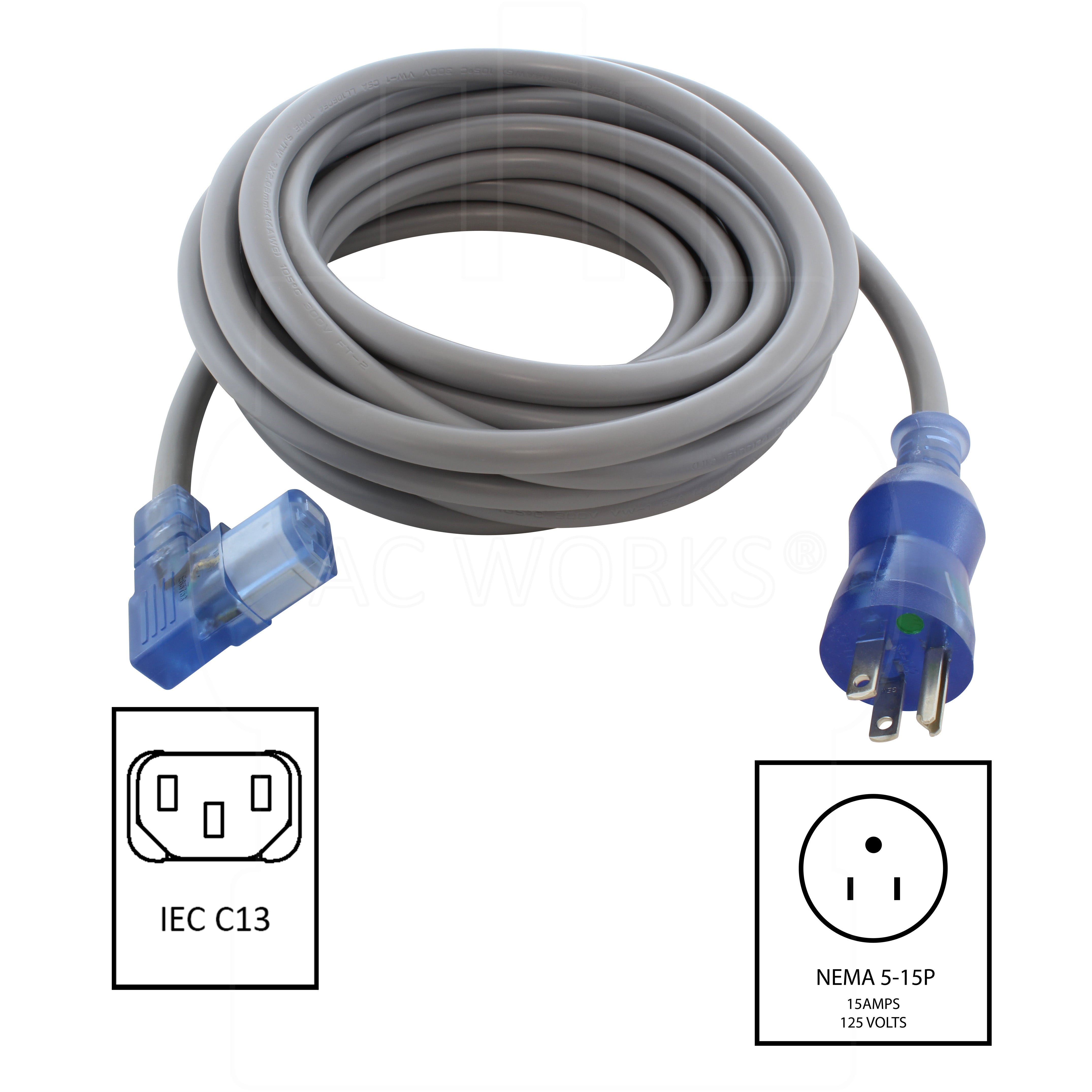 AC WORKS® [MD15ALC13] 14/3 15A Medical Grade Power Cord With Left Angle IEC C13 Connector