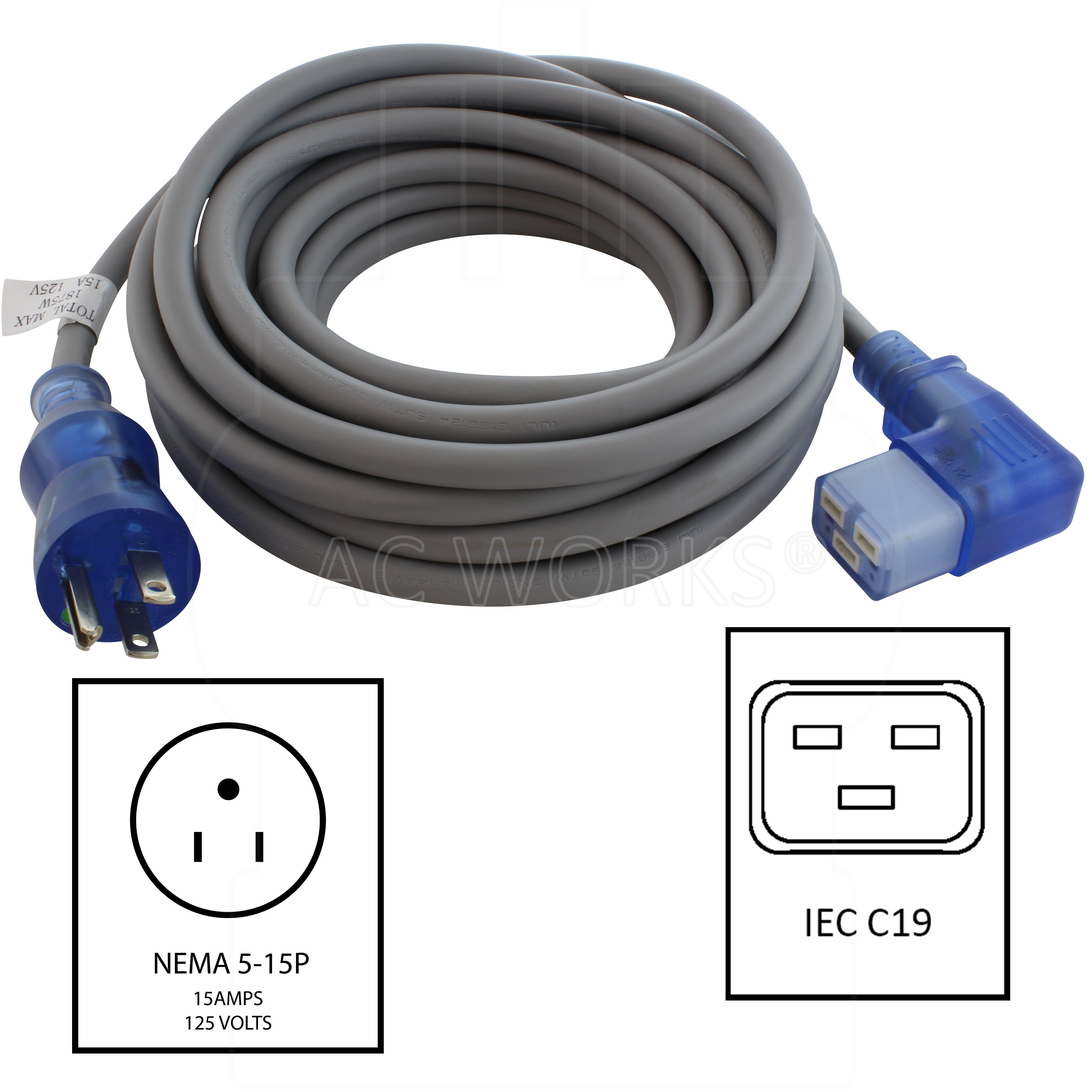NEMA 5-15P, 15 Amp, 125 Volt Male Plug to Left Angle IEC C19 Female Connector