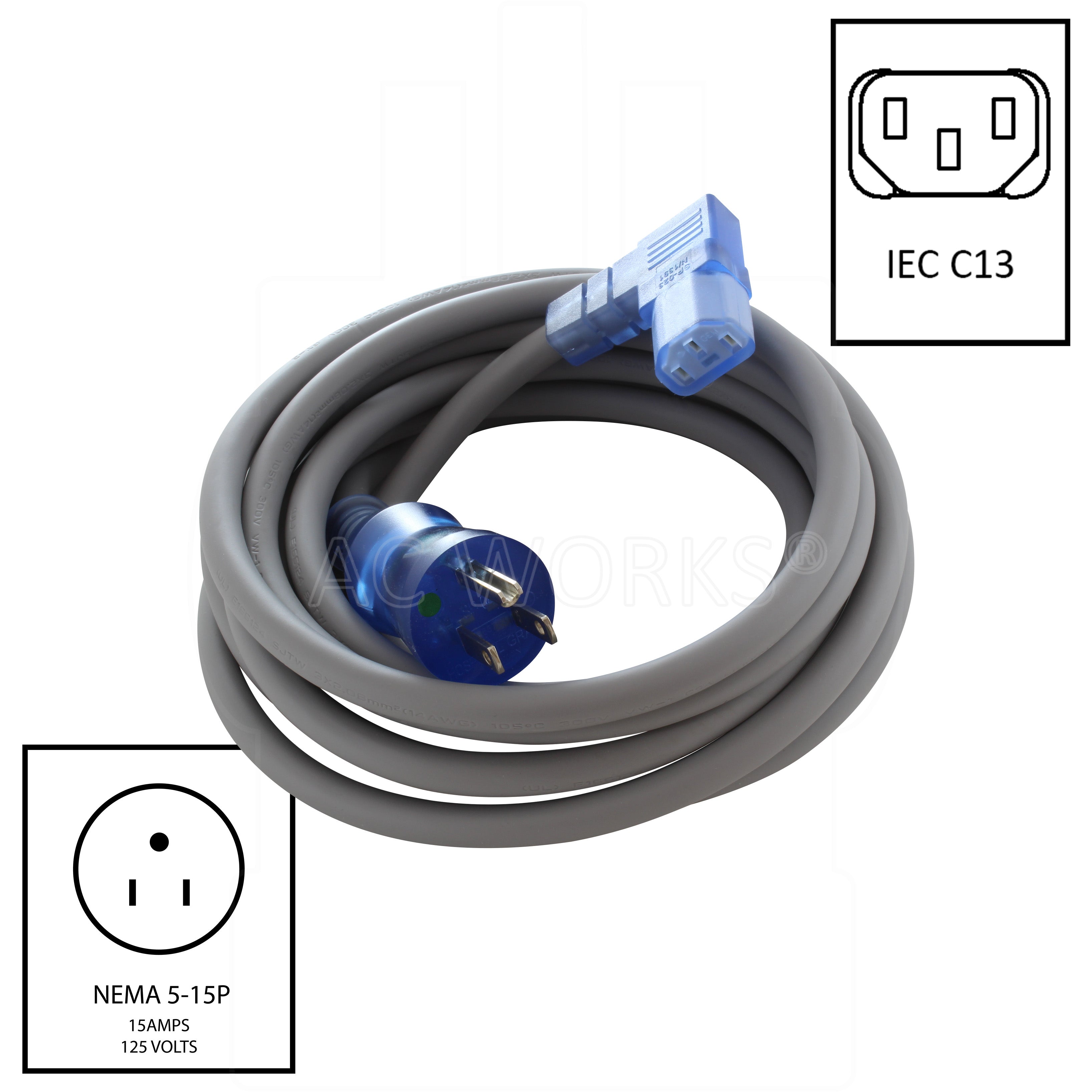 AC WORKS® [MD15ARC13] 14/3 15A Medical Grade Power Cord with Right Angle IEC C13 Connector