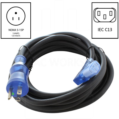 NEMA 5-15P, 15 Amps, 125 Volts Male Plug to Right Angle IEC C13, 10 Amps, 250 Volts  Female Connector