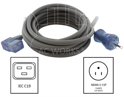 AC WORKS® [MD15ARC19-240] 20FT 14/3 15A Medical Grade Power Cord with Right Angle IEC C19
