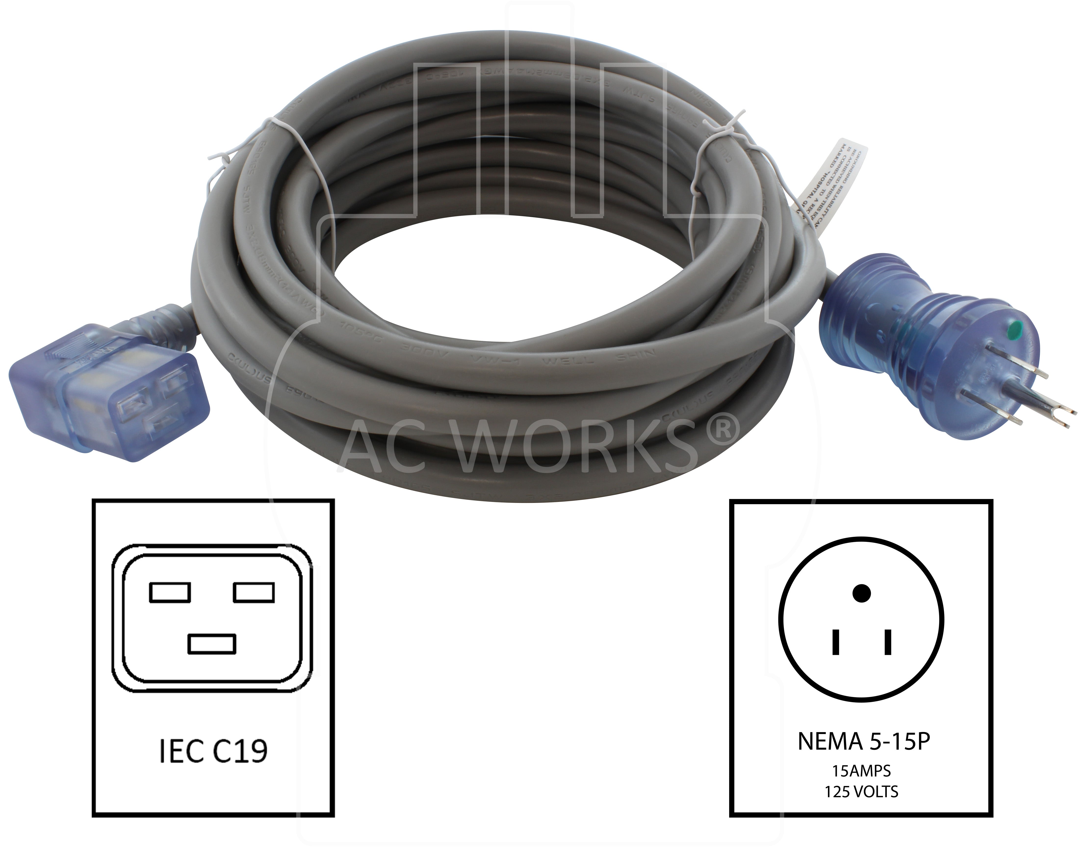 AC WORKS® [MD15ARC19-240] 20FT 14/3 15A Medical Grade Power Cord with Right Angle IEC C19