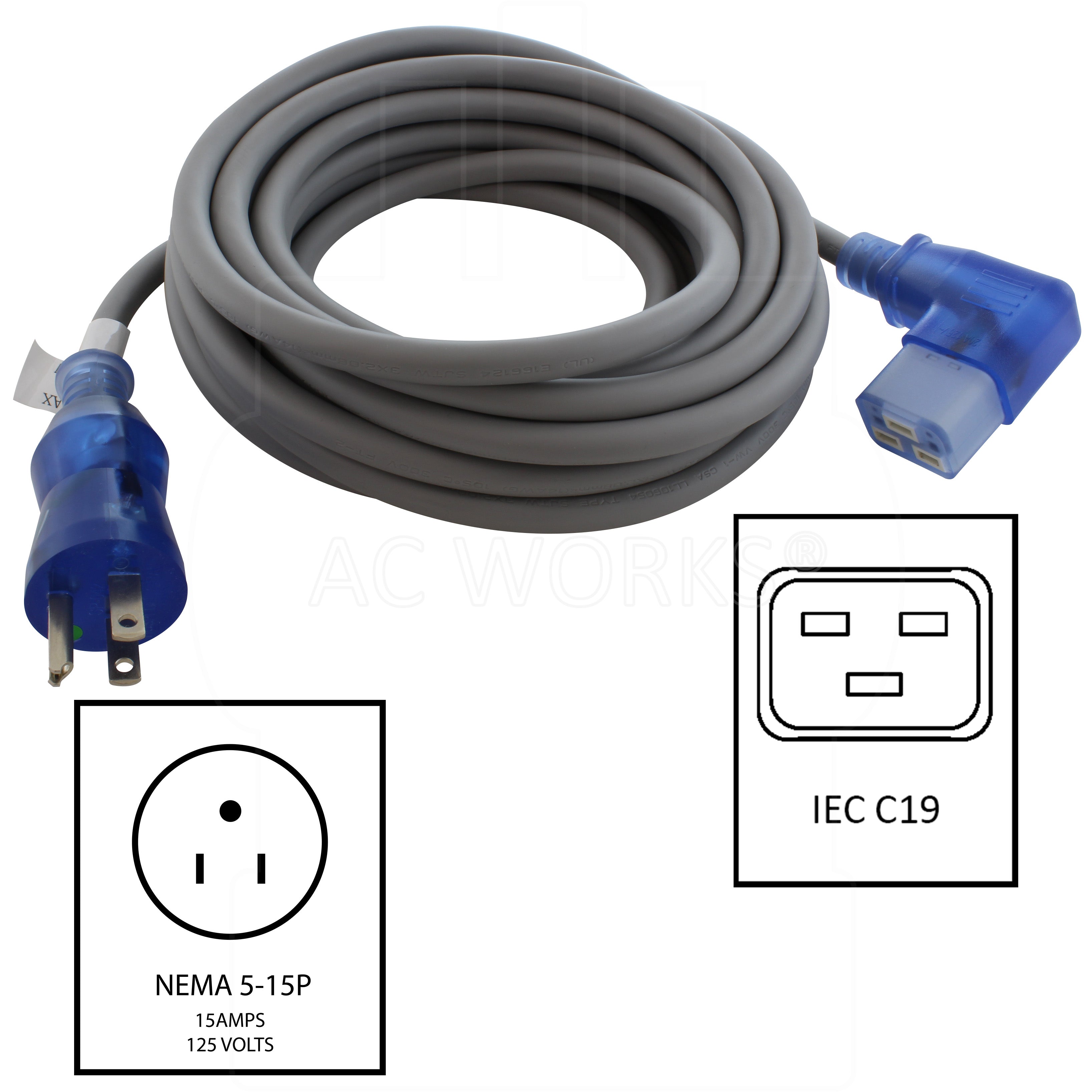 NEMA 5-15P, 15 Amp, 125 Volt, Male Plug to Right Angle IEC C19 Female Connector