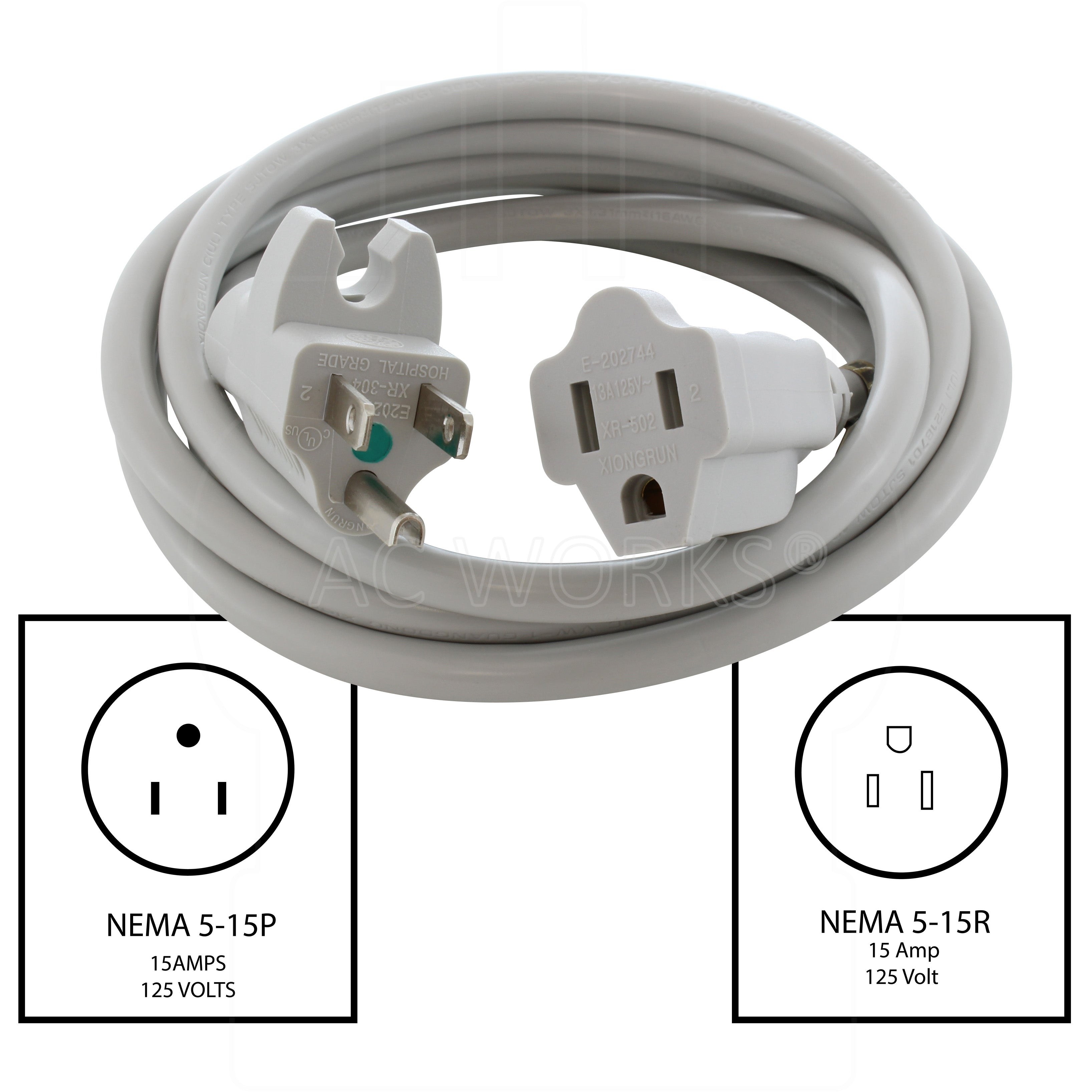 NEMA 5-15P, 15 Amps 125 Volts Male Plug to NEMA 5-15R, 15 Amps 125 Volts  Female Connector