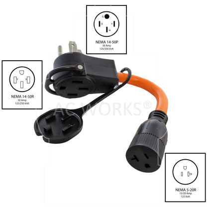 AC WORKS® [PB1450520] 1FT 50 Amp 14-50 Piggy-Back Plug to Household 15/20 Amp Connector Adapter Cord