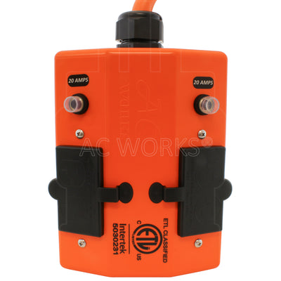 (4) GFCI NEMA 5-15/20R, 20 Amp, T-blade household female connectors and two 20 Amp breakers dedicated to the 5-20R GFCI outlets.