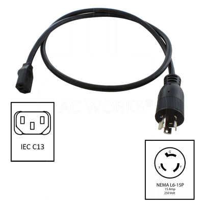 NEMA L6-15P 15 amp, 250 volt male plug to IEC C13 female receptacle