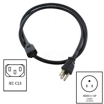 NEMA 5-15P 15 amps, 125 volts male plug to IEC C13 female receptacle