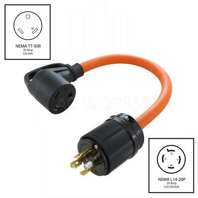 NEMA L14-20P to NEMA TT-30R flexible orange 30A RV adapter