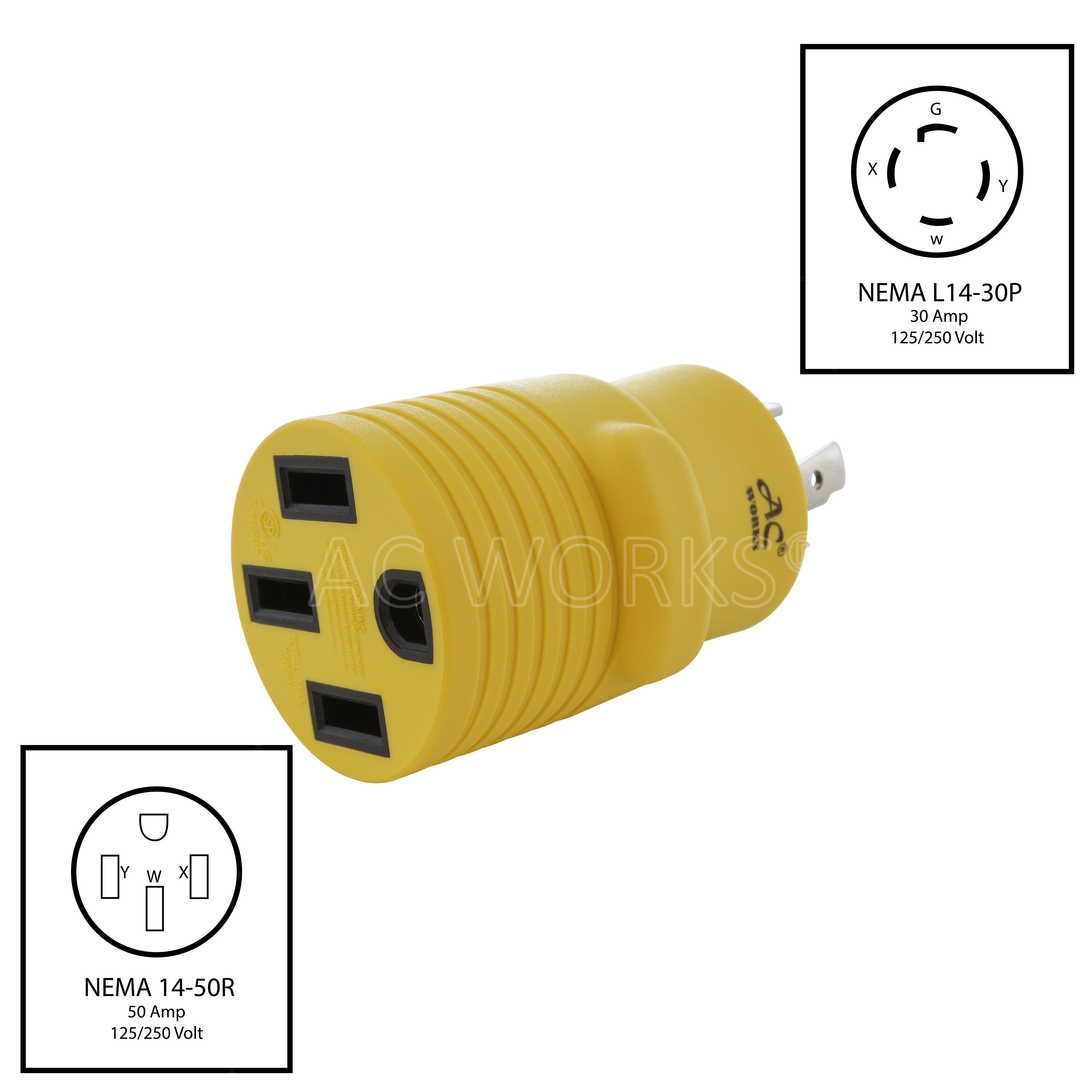 AC WORKS® [RVL14301450] Adapter NEMA L14-30P 30A 4-Prong Plug to NEMA 14-50R 50A 125/250V Connector