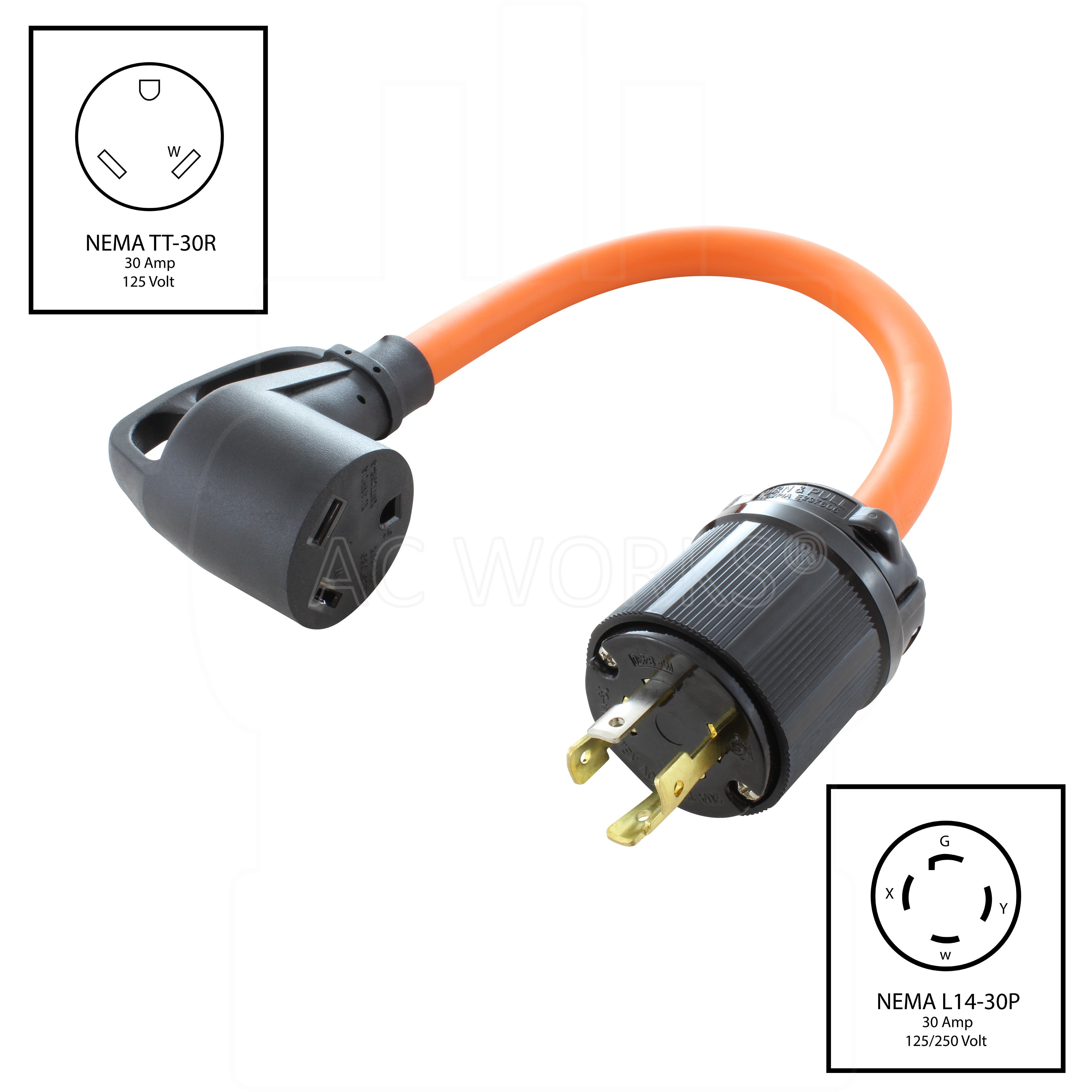 AC WORKS® 1.5FT L14-30P 30A 4-Prong Locking Plug to 30A RV
