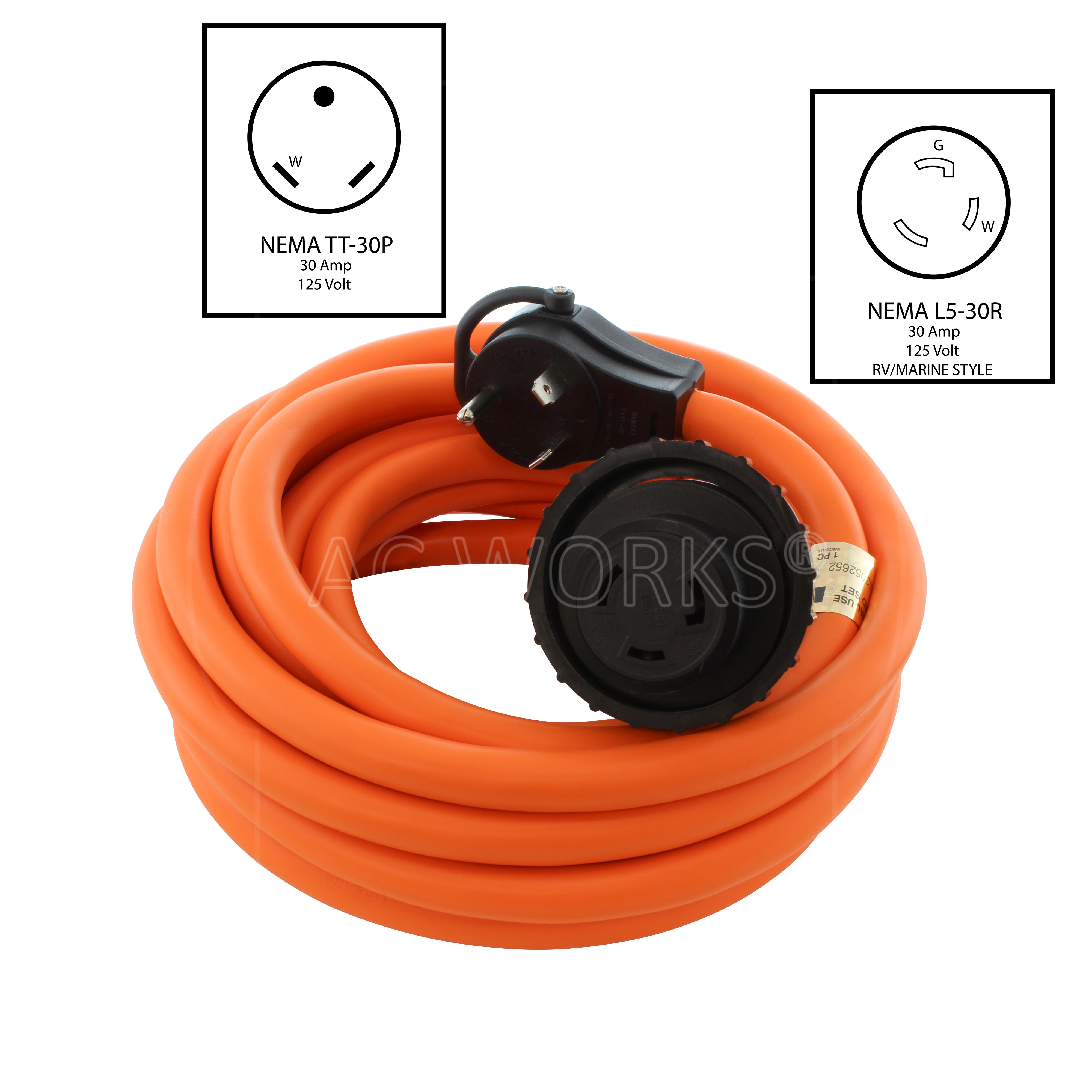 NEMA TT-30P to NEMA L5-30R power cord for 30A RV inlet