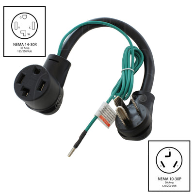 AC WORKS® [S10301430-018] 3-Prong 30A Dryer Plug to 4-Prong Dryer Female Connector Adapter