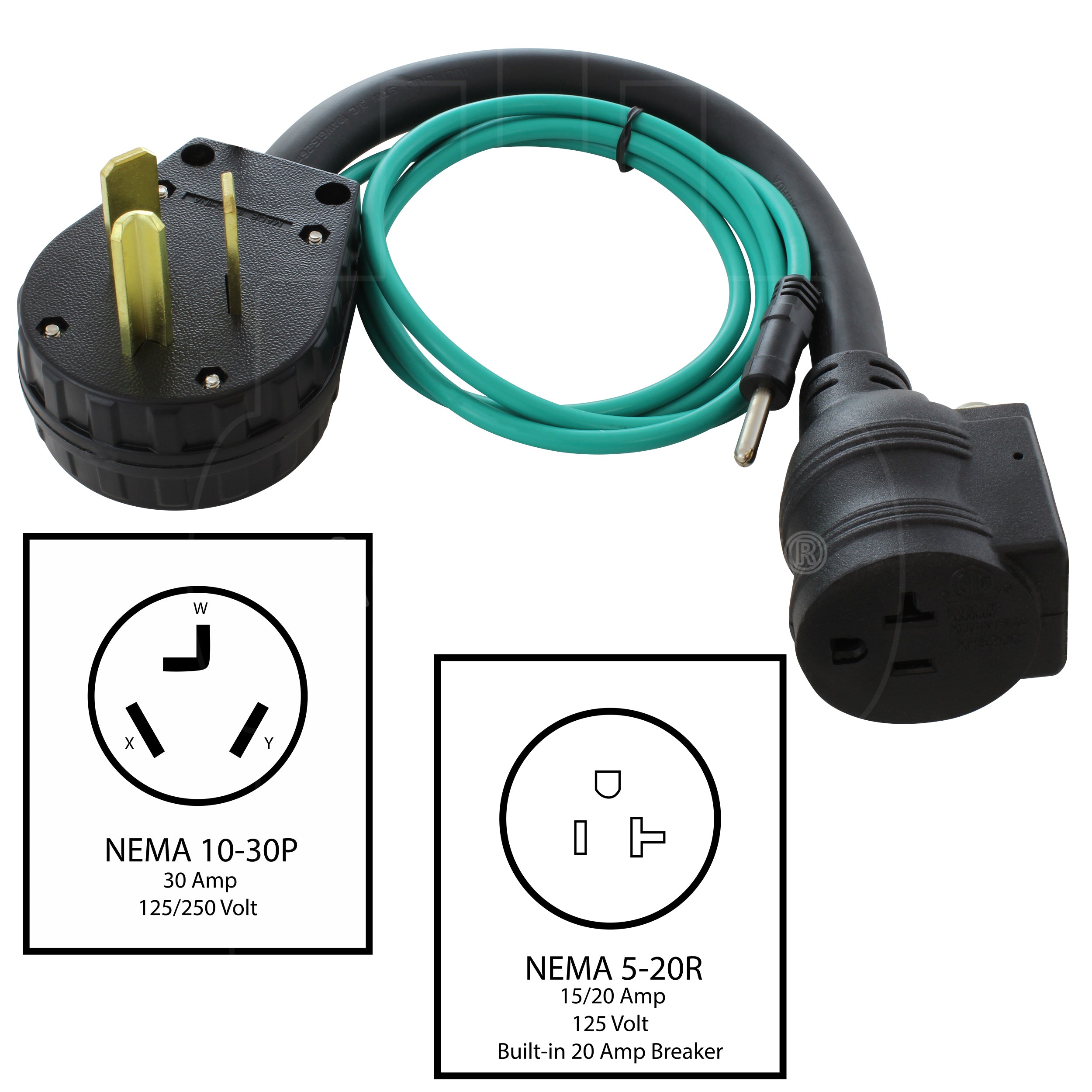 AC WORKS® [S1030CB520] 1.5FT 30A 3-Prong 10-30P Dryer Plug to Household Outlet with 20A Breaker